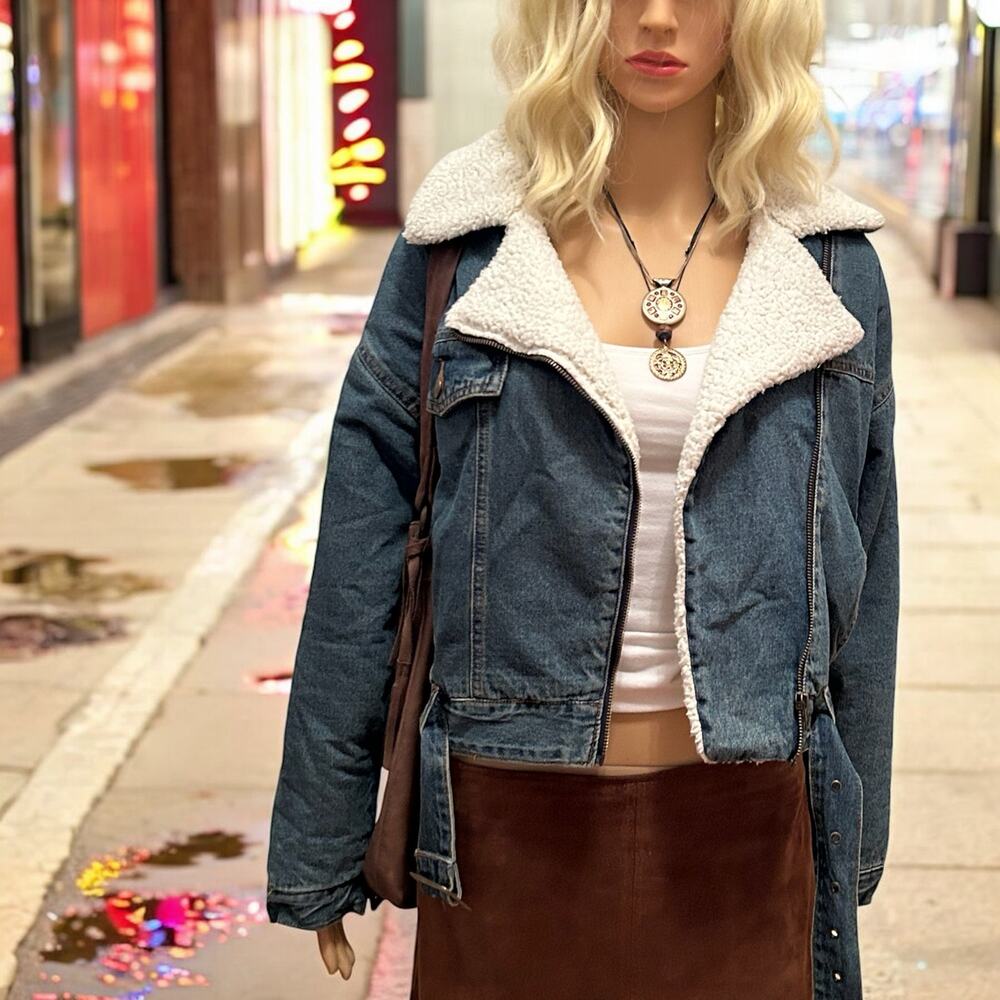 Sherpa Lined Denim Moto Jacket by Vylette Small